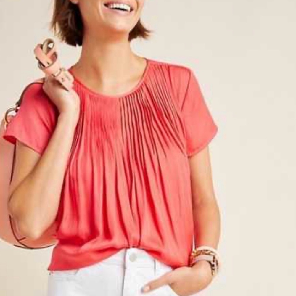 Dolan Left Coast Collection Coral Pink Pleated Mixed Media Short Sleeve Blouse S